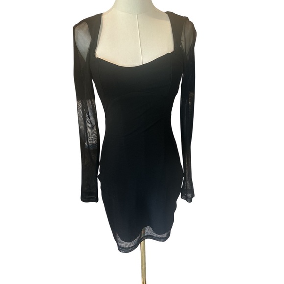 Princess Polly Black Mesh Sleeve Mini Dress Women’s Sz 4 Square Neck Open Back - Picture 2 of 5